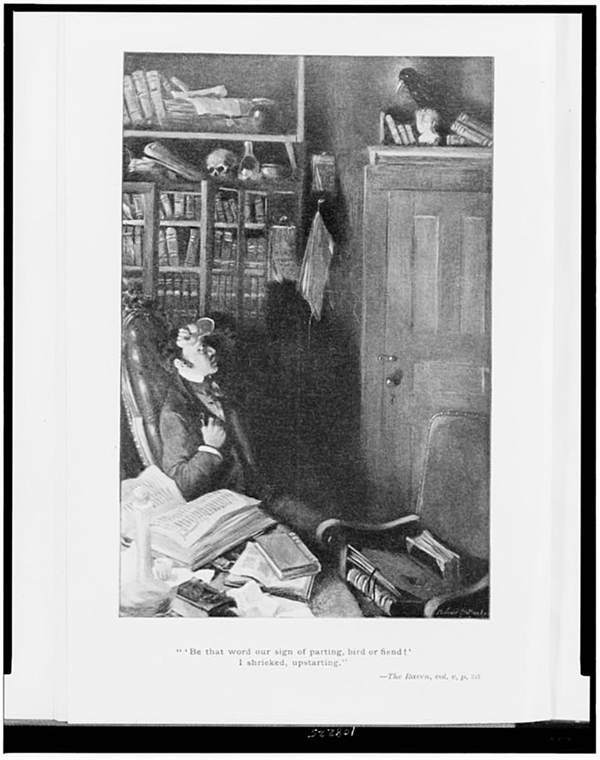 Man Seated in His Library, Looking at Raven